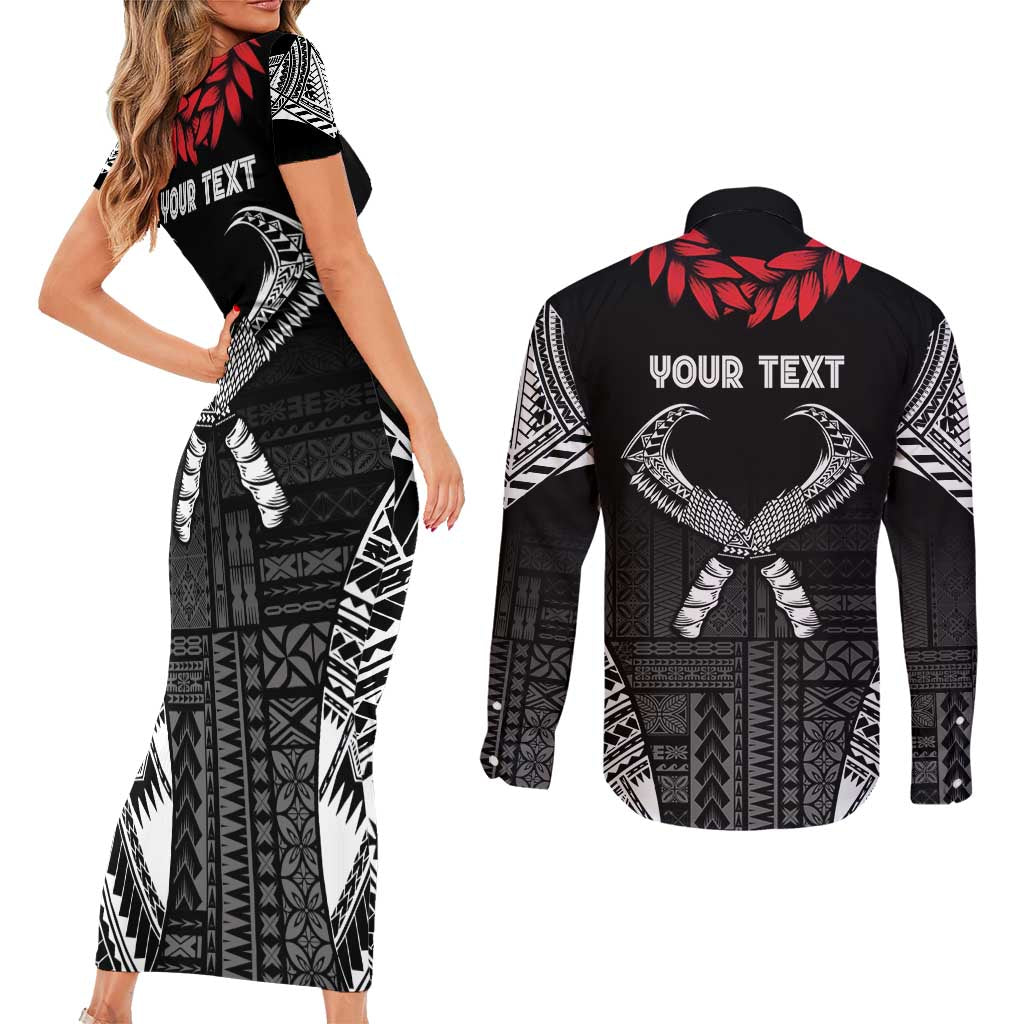 Personalized Talofa Samoa Couples Matching Short Sleeve Bodycon Dress and Long Sleeve Button Shirt Ulafala With Toa Nifo'oti - Black LT7 - Polynesian Pride