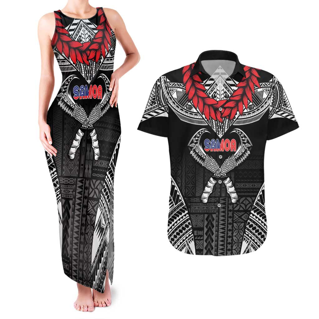 Personalized Talofa Samoa Couples Matching Tank Maxi Dress and Hawaiian Shirt Ulafala With Toa Nifo'oti - Black LT7 Black - Polynesian Pride