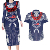Personalized Talofa Samoa Couples Matching Long Sleeve Bodycon Dress and Hawaiian Shirt Ulafala With Toa Nifo'oti - Blue LT7 Blue - Polynesian Pride