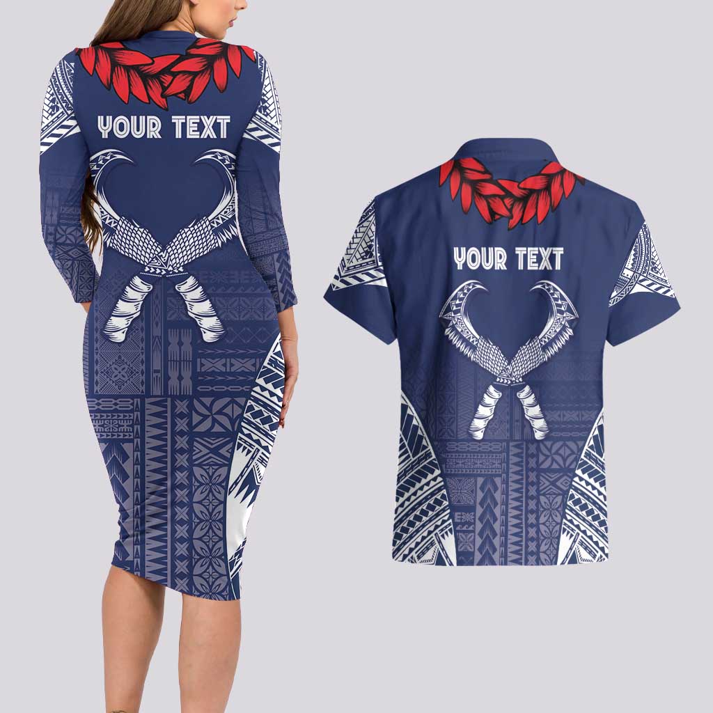Personalized Talofa Samoa Couples Matching Long Sleeve Bodycon Dress and Hawaiian Shirt Ulafala With Toa Nifo'oti - Blue LT7 - Polynesian Pride