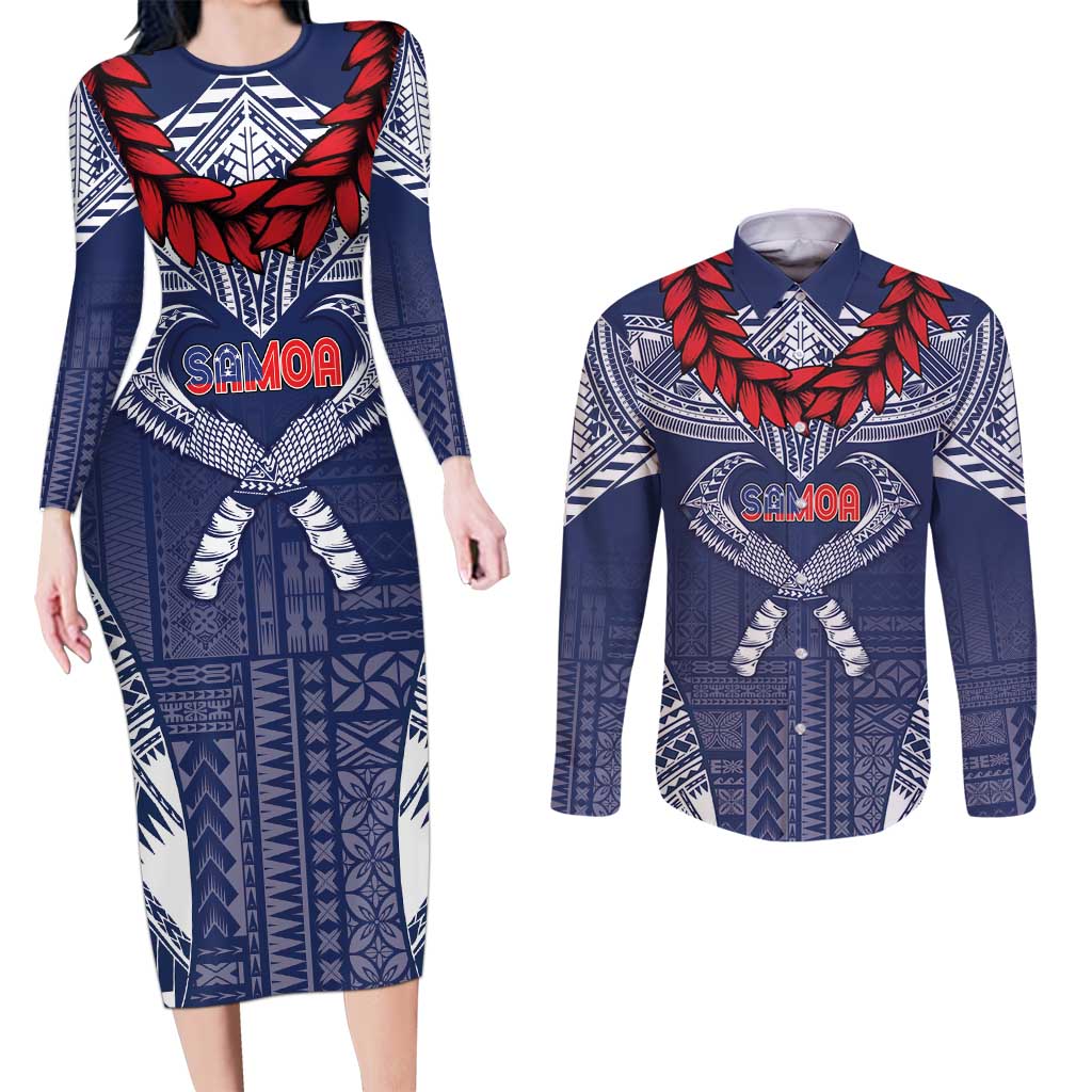 Personalized Talofa Samoa Couples Matching Long Sleeve Bodycon Dress and Long Sleeve Button Shirt Ulafala With Toa Nifo'oti - Blue LT7 Blue - Polynesian Pride