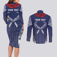 Personalized Talofa Samoa Couples Matching Long Sleeve Bodycon Dress and Long Sleeve Button Shirt Ulafala With Toa Nifo'oti - Blue LT7 - Polynesian Pride