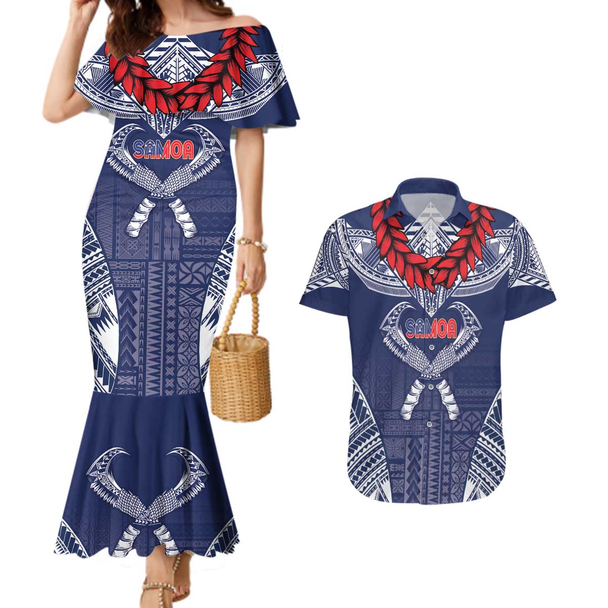 Personalized Talofa Samoa Couples Matching Mermaid Dress and Hawaiian Shirt Ulafala With Toa Nifo'oti - Blue LT7 Blue - Polynesian Pride