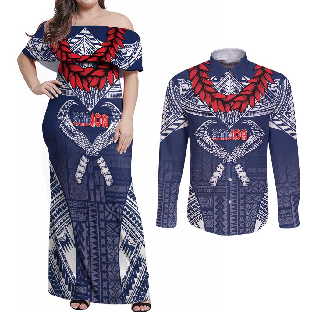 Personalized Talofa Samoa Couples Matching Off Shoulder Maxi Dress and Long Sleeve Button Shirt Ulafala With Toa Nifo'oti - Blue LT7 Blue - Polynesian Pride