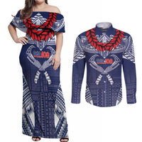 Personalized Talofa Samoa Couples Matching Off Shoulder Maxi Dress and Long Sleeve Button Shirt Ulafala With Toa Nifo'oti - Blue LT7 Blue - Polynesian Pride