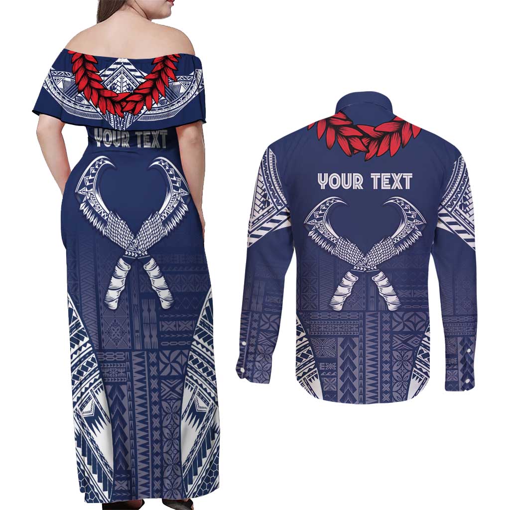 Personalized Talofa Samoa Couples Matching Off Shoulder Maxi Dress and Long Sleeve Button Shirt Ulafala With Toa Nifo'oti - Blue LT7 - Polynesian Pride