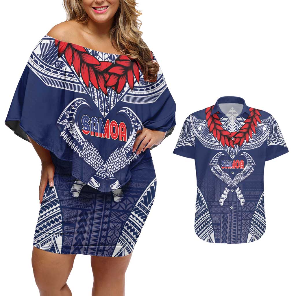 Personalized Talofa Samoa Couples Matching Off Shoulder Short Dress and Hawaiian Shirt Ulafala With Toa Nifo'oti - Blue LT7 Blue - Polynesian Pride