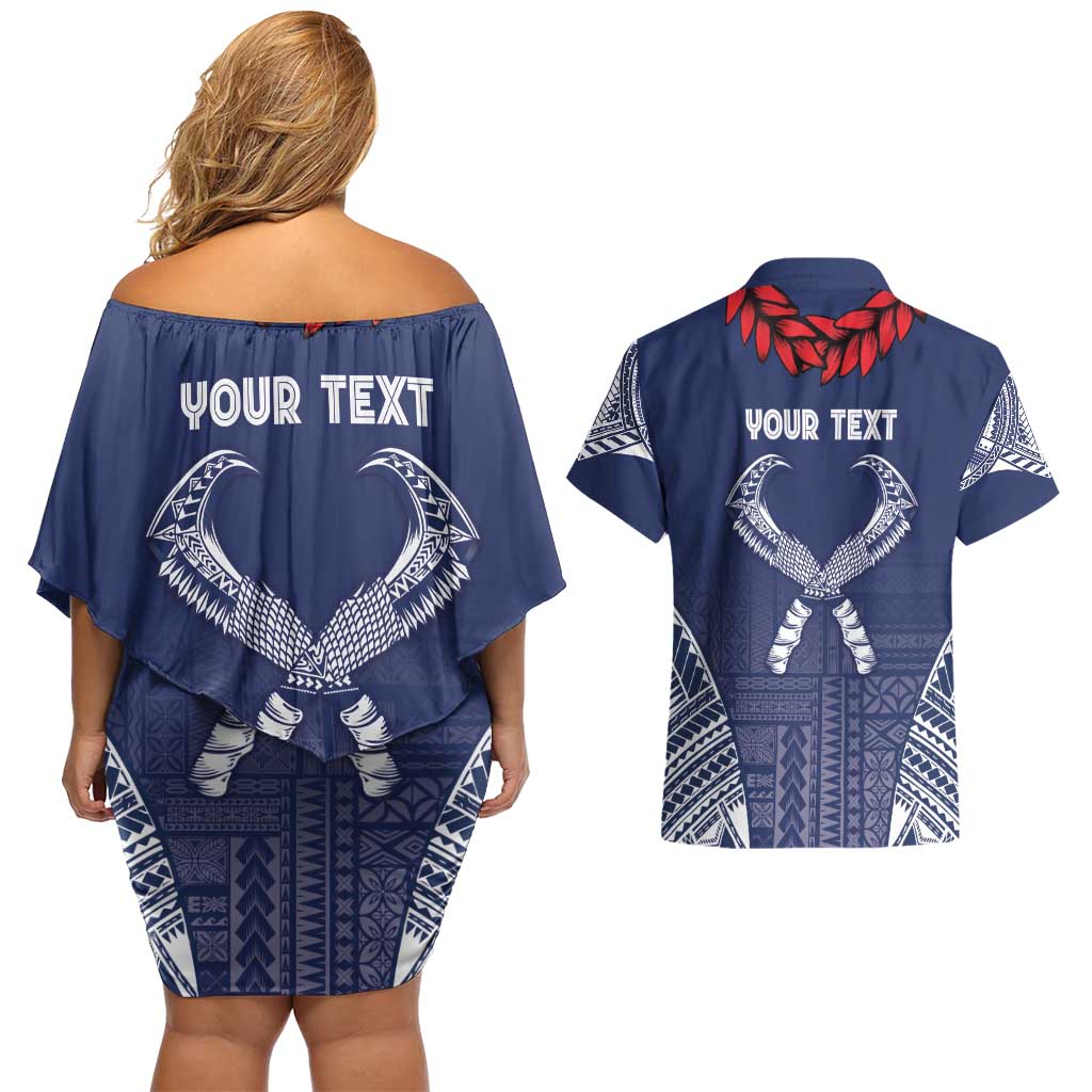 Personalized Talofa Samoa Couples Matching Off Shoulder Short Dress and Hawaiian Shirt Ulafala With Toa Nifo'oti - Blue LT7 - Polynesian Pride