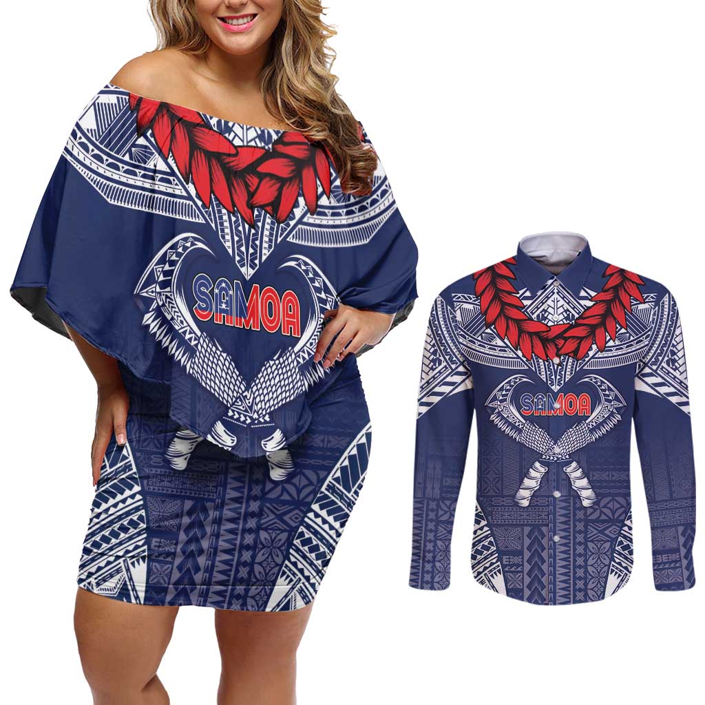 Personalized Talofa Samoa Couples Matching Off Shoulder Short Dress and Long Sleeve Button Shirt Ulafala With Toa Nifo'oti - Blue LT7 Blue - Polynesian Pride