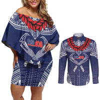 Personalized Talofa Samoa Couples Matching Off Shoulder Short Dress and Long Sleeve Button Shirt Ulafala With Toa Nifo'oti - Blue LT7 Blue - Polynesian Pride