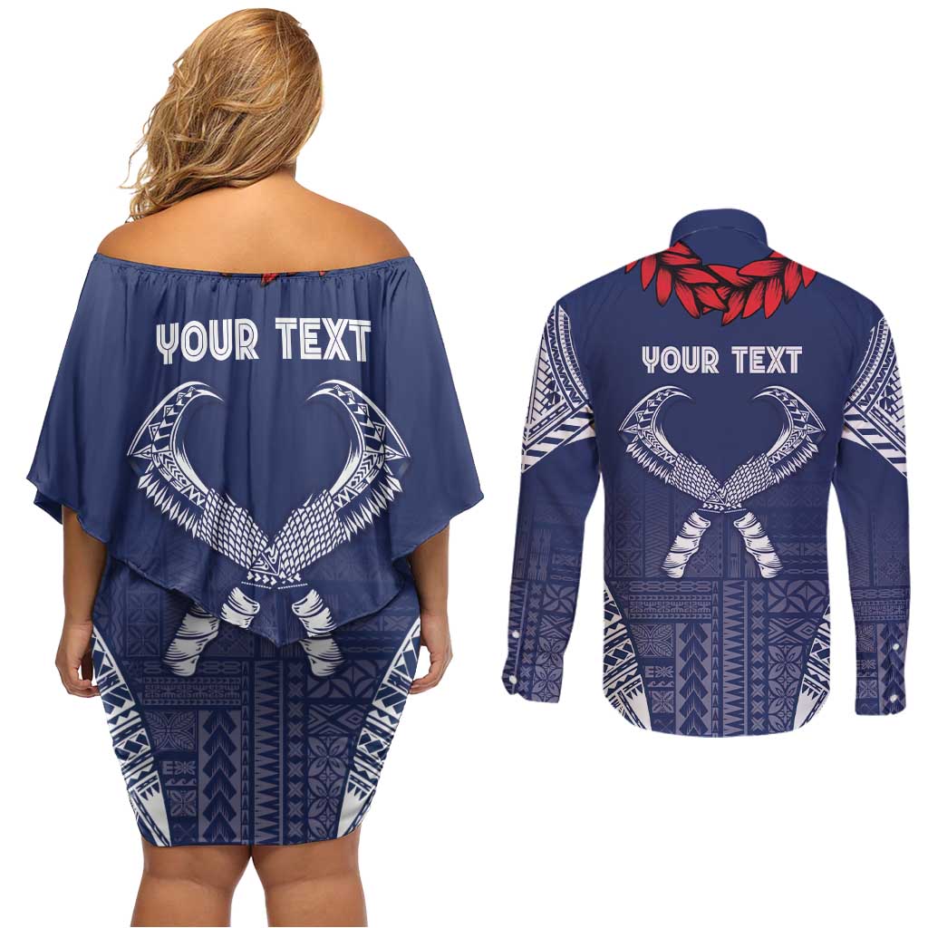 Personalized Talofa Samoa Couples Matching Off Shoulder Short Dress and Long Sleeve Button Shirt Ulafala With Toa Nifo'oti - Blue LT7 - Polynesian Pride