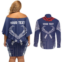Personalized Talofa Samoa Couples Matching Off Shoulder Short Dress and Long Sleeve Button Shirt Ulafala With Toa Nifo'oti - Blue LT7 - Polynesian Pride