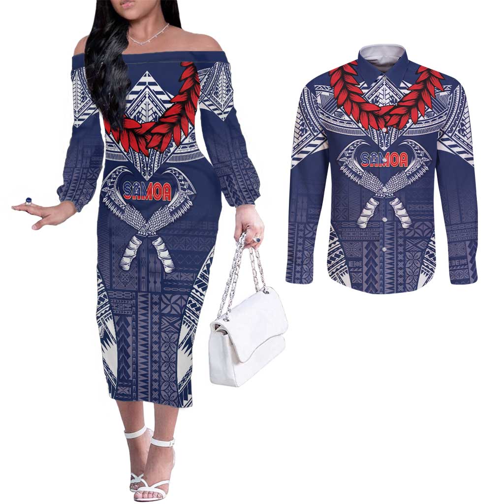 Personalized Talofa Samoa Couples Matching Off The Shoulder Long Sleeve Dress and Long Sleeve Button Shirt Ulafala With Toa Nifo'oti - Blue LT7 Blue - Polynesian Pride