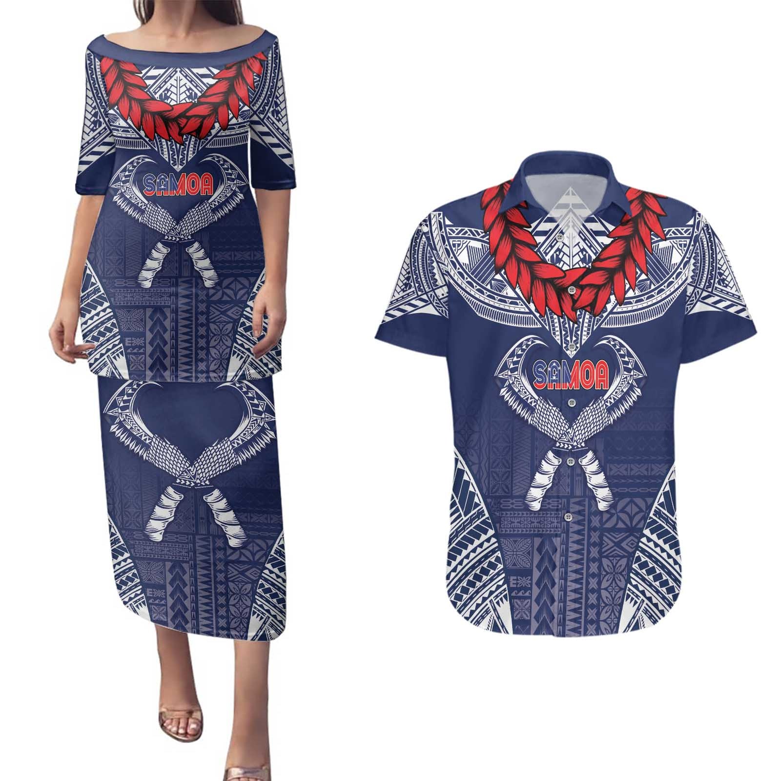 Personalized Talofa Samoa Couples Matching Puletasi and Hawaiian Shirt Ulafala With Toa Nifo'oti - Blue LT7 Blue - Polynesian Pride