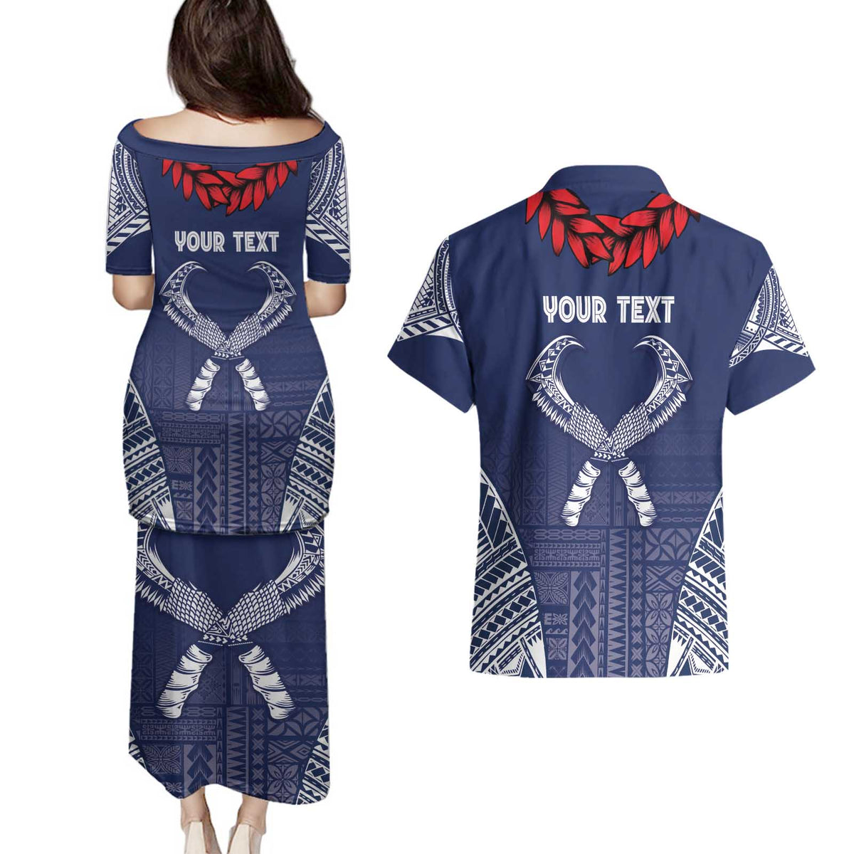 Personalized Talofa Samoa Couples Matching Puletasi and Hawaiian Shirt Ulafala With Toa Nifo'oti - Blue LT7 - Polynesian Pride