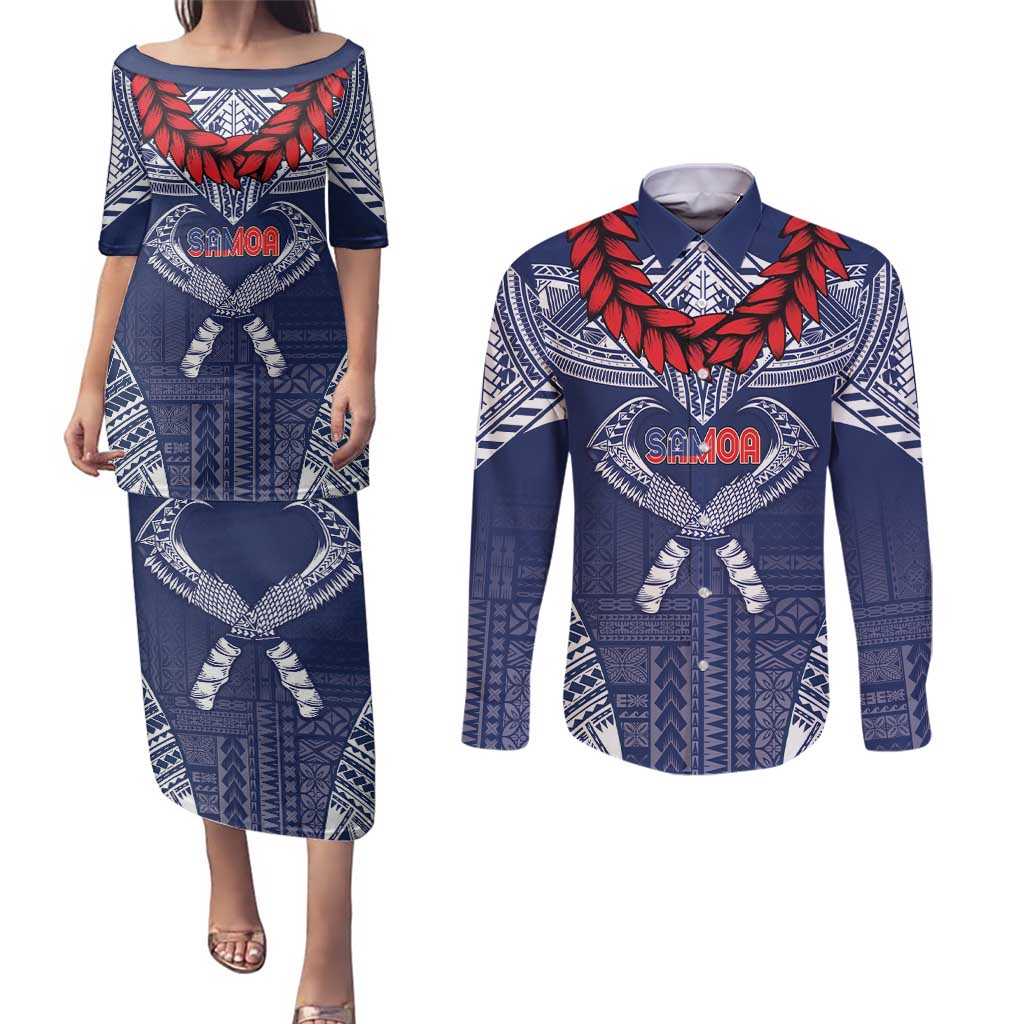 Personalized Talofa Samoa Couples Matching Puletasi and Long Sleeve Button Shirt Ulafala With Toa Nifo'oti - Blue LT7 Blue - Polynesian Pride