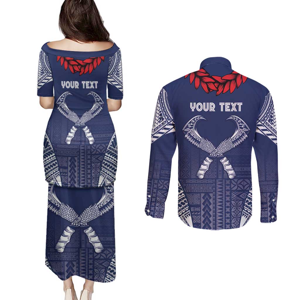 Personalized Talofa Samoa Couples Matching Puletasi and Long Sleeve Button Shirt Ulafala With Toa Nifo'oti - Blue LT7 - Polynesian Pride