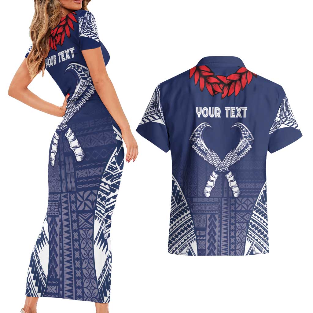 Personalized Talofa Samoa Couples Matching Short Sleeve Bodycon Dress and Hawaiian Shirt Ulafala With Toa Nifo'oti - Blue LT7 - Polynesian Pride