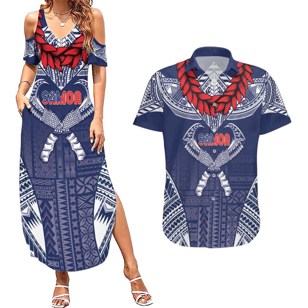 Personalized Talofa Samoa Couples Matching Summer Maxi Dress and Hawaiian Shirt Ulafala With Toa Nifo'oti - Blue LT7 Blue - Polynesian Pride