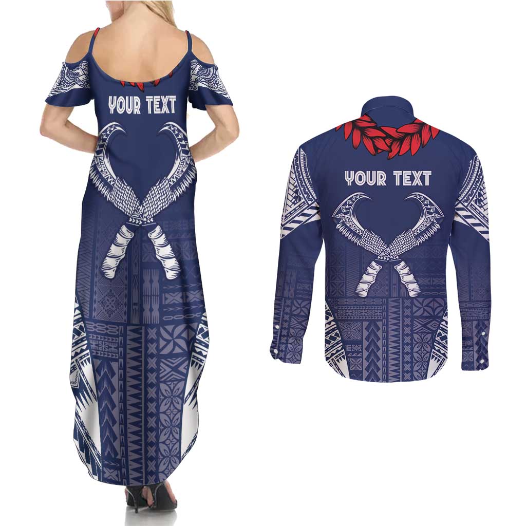Personalized Talofa Samoa Couples Matching Summer Maxi Dress and Long Sleeve Button Shirt Ulafala With Toa Nifo'oti - Blue LT7 - Polynesian Pride