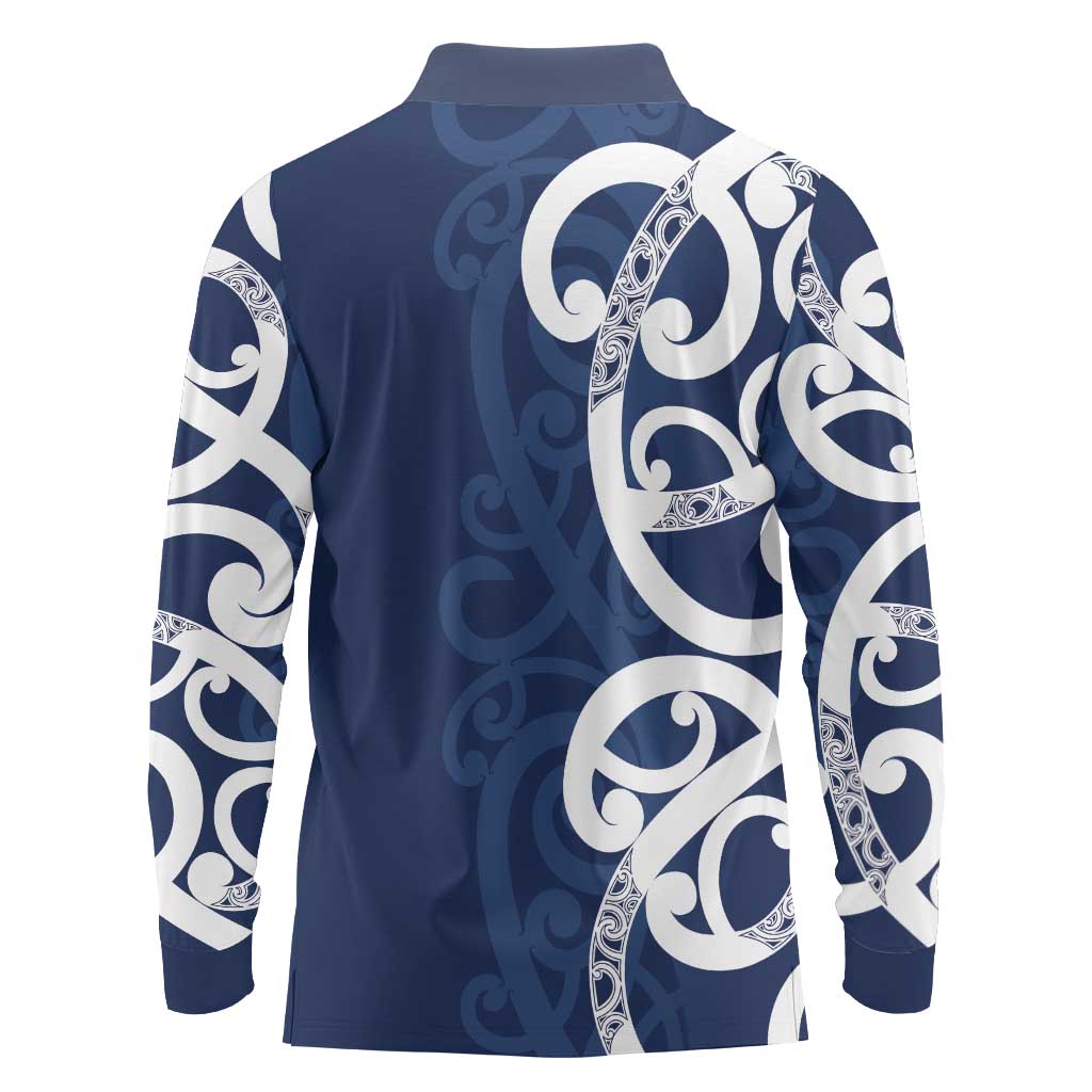 New Zealand Maori Mo Bros Long Sleeve Polo Shirt Blue Ribbon With Koru Kowhaiwhai - Polynesian Pride