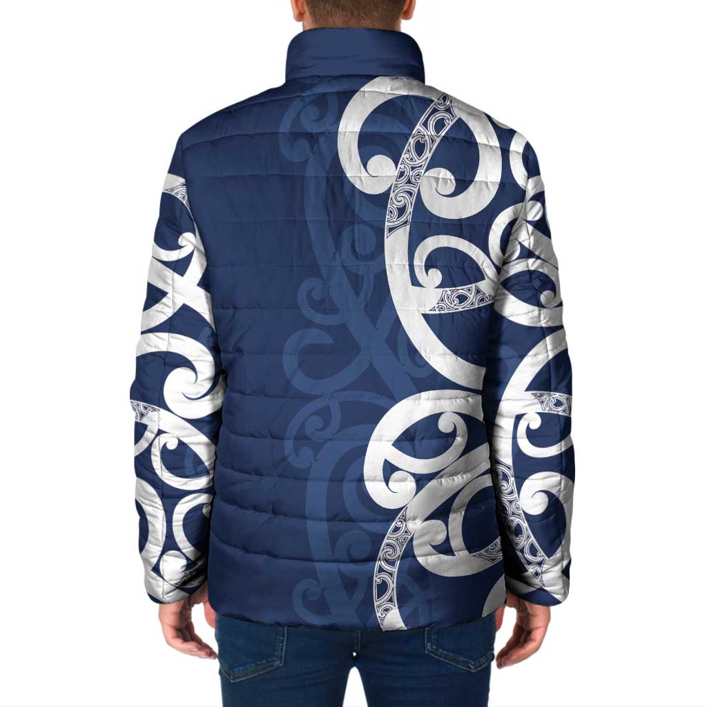 New Zealand Maori Mo Bros Padded Jacket Blue Ribbon With Koru Kowhaiwhai - Polynesian Pride