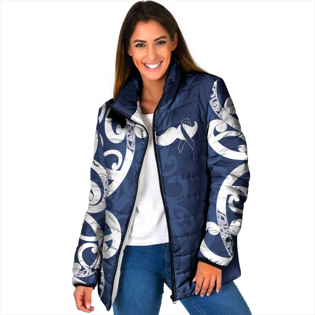 New Zealand Maori Mo Bros Padded Jacket Blue Ribbon With Koru Kowhaiwhai - Polynesian Pride