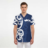 New Zealand Maori Mo Bros Scrub Top Blue Ribbon With Koru Kowhaiwhai LT7 - Polynesian Pride