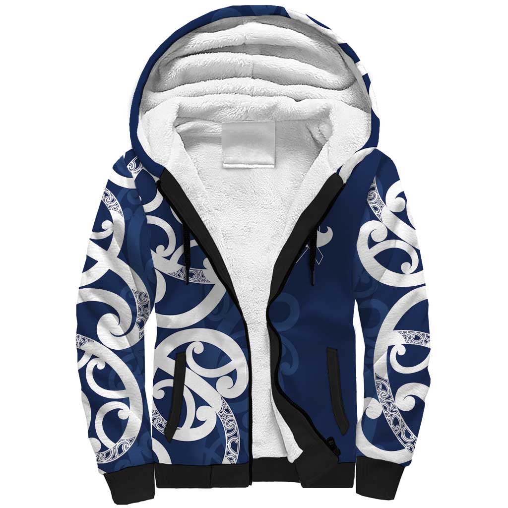 New Zealand Maori Mo Bros Sherpa Hoodie Blue Ribbon With Koru Kowhaiwhai - Polynesian Pride