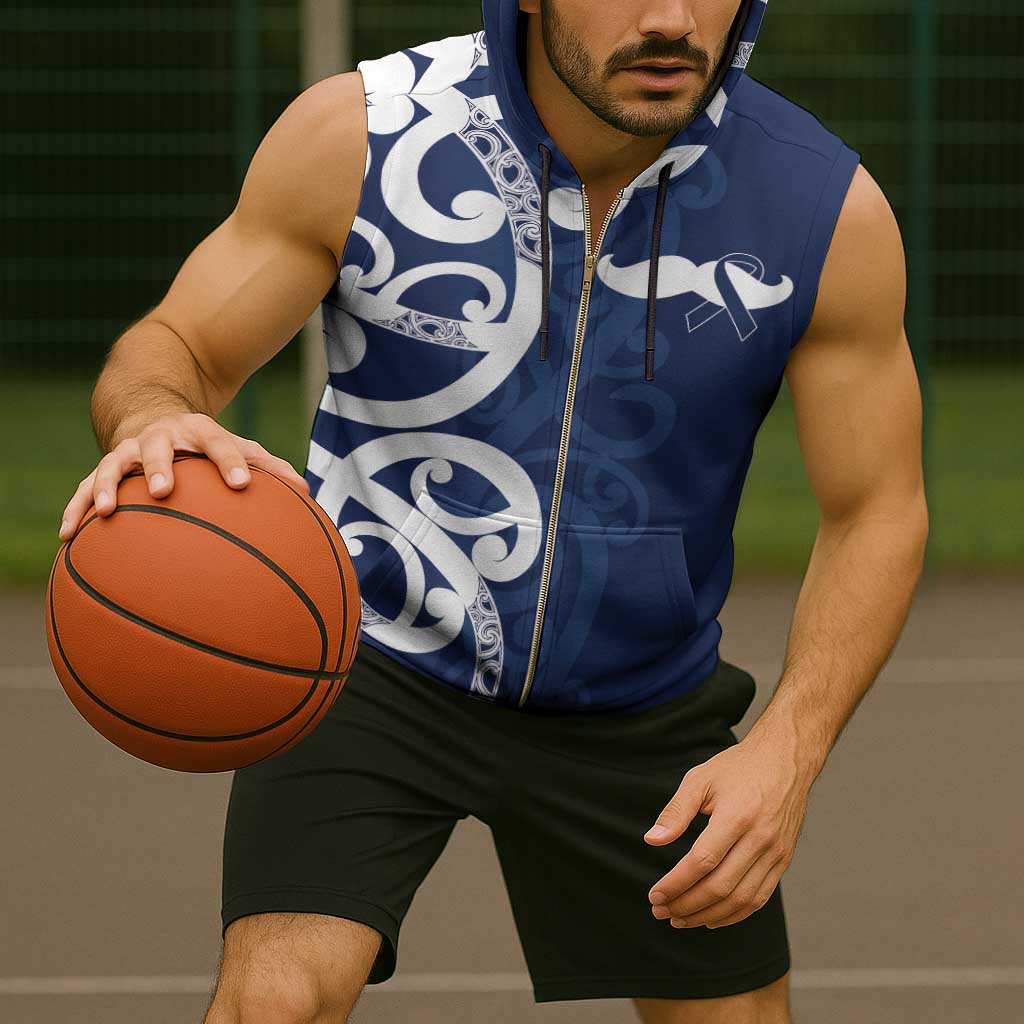 New Zealand Maori Mo Bros Sleeveless Zip Hoodie Blue Ribbon With Koru Kowhaiwhai - Polynesian Pride