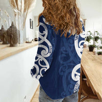 New Zealand Maori Mo Bros Women Casual Shirt Blue Ribbon With Koru Kowhaiwhai - Polynesian Pride
