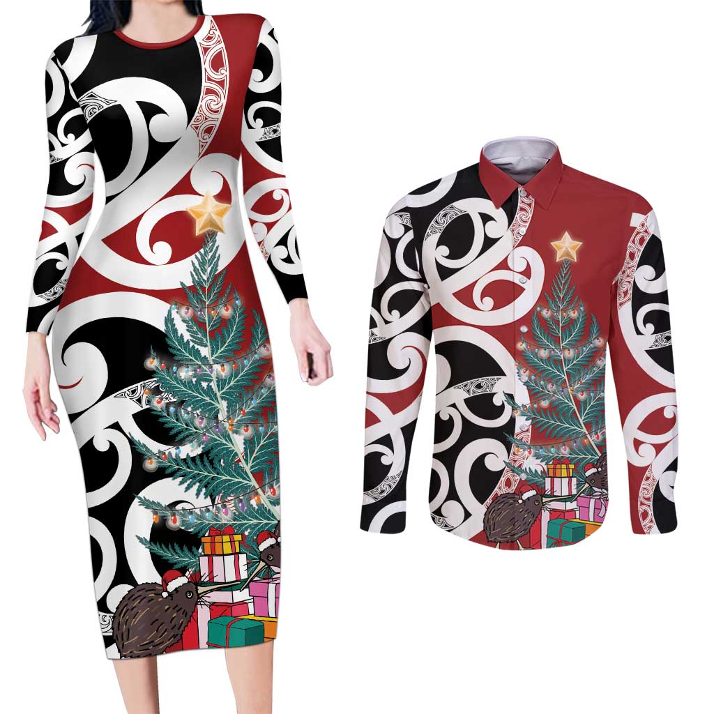 New Zealand Silver Fern Christmas Tree Couples Matching Long Sleeve Bodycon Dress and Long Sleeve Button Shirt Meri Kirihimete - Polynesian Pride