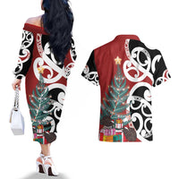 New Zealand Silver Fern Christmas Tree Couples Matching Off The Shoulder Long Sleeve Dress and Hawaiian Shirt Meri Kirihimete - Polynesian Pride
