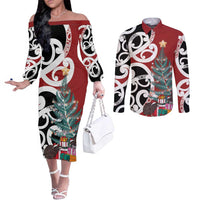 New Zealand Silver Fern Christmas Tree Couples Matching Off The Shoulder Long Sleeve Dress and Long Sleeve Button Shirt Meri Kirihimete - Polynesian Pride