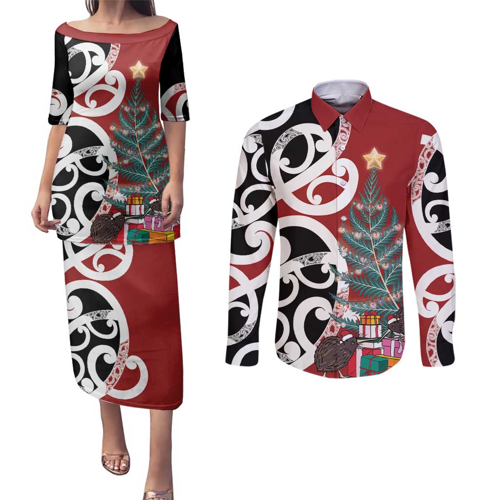 New Zealand Silver Fern Christmas Tree Couples Matching Puletasi and Long Sleeve Button Shirt Meri Kirihimete - Polynesian Pride