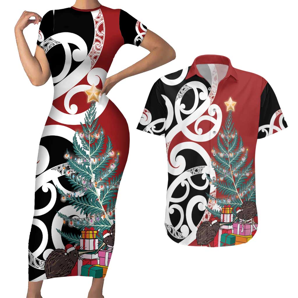 New Zealand Silver Fern Christmas Tree Couples Matching Short Sleeve Bodycon Dress and Hawaiian Shirt Meri Kirihimete - Polynesian Pride