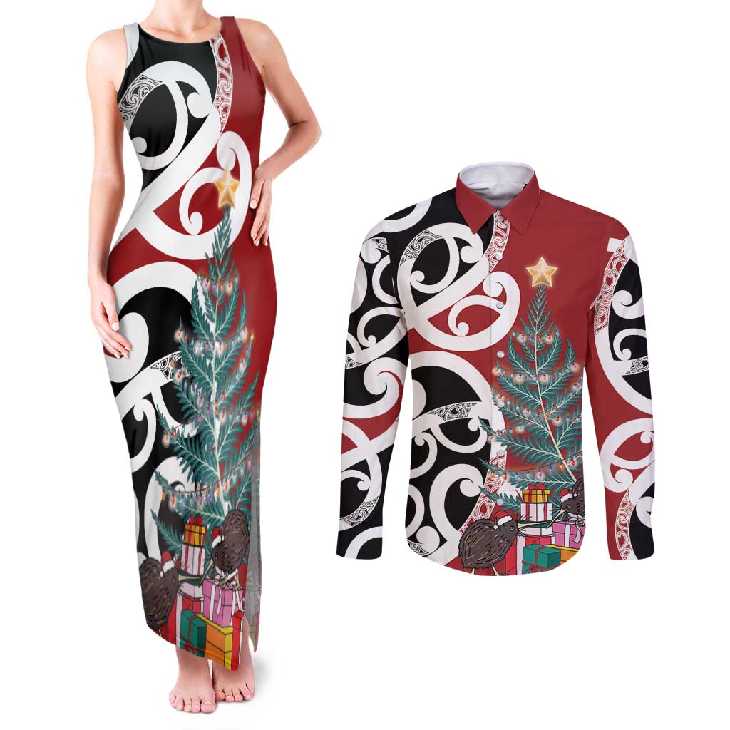 New Zealand Silver Fern Christmas Tree Couples Matching Tank Maxi Dress and Long Sleeve Button Shirt Meri Kirihimete - Polynesian Pride