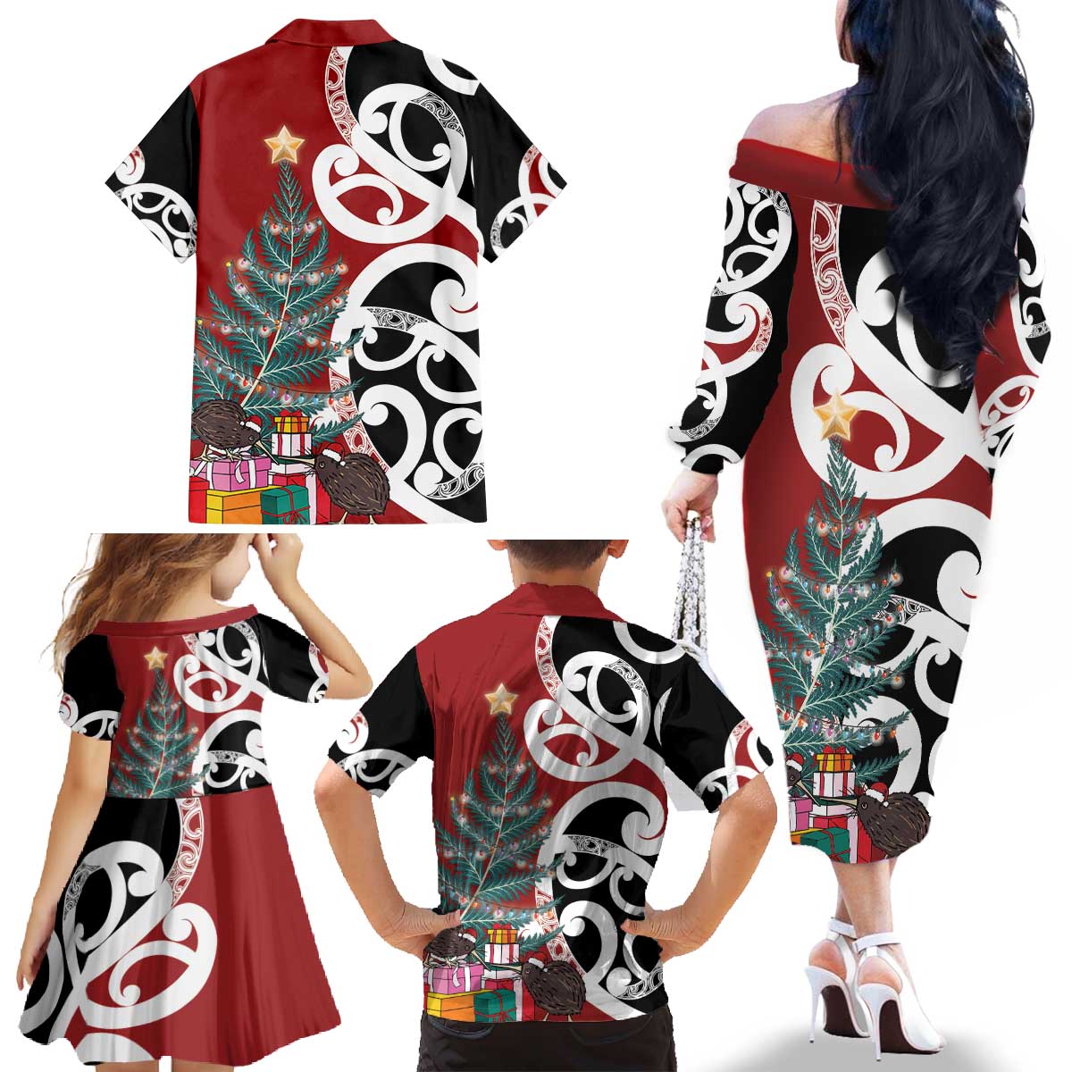 New Zealand Silver Fern Christmas Tree Family Matching Off The Shoulder Long Sleeve Dress and Hawaiian Shirt Meri Kirihimete - Polynesian Pride
