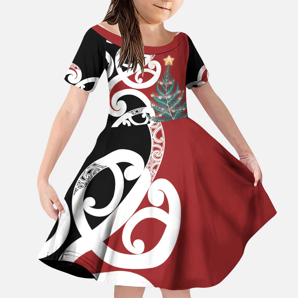 New Zealand Silver Fern Christmas Tree Kid Short Sleeve Dress Meri Kirihimete - Polynesian Pride