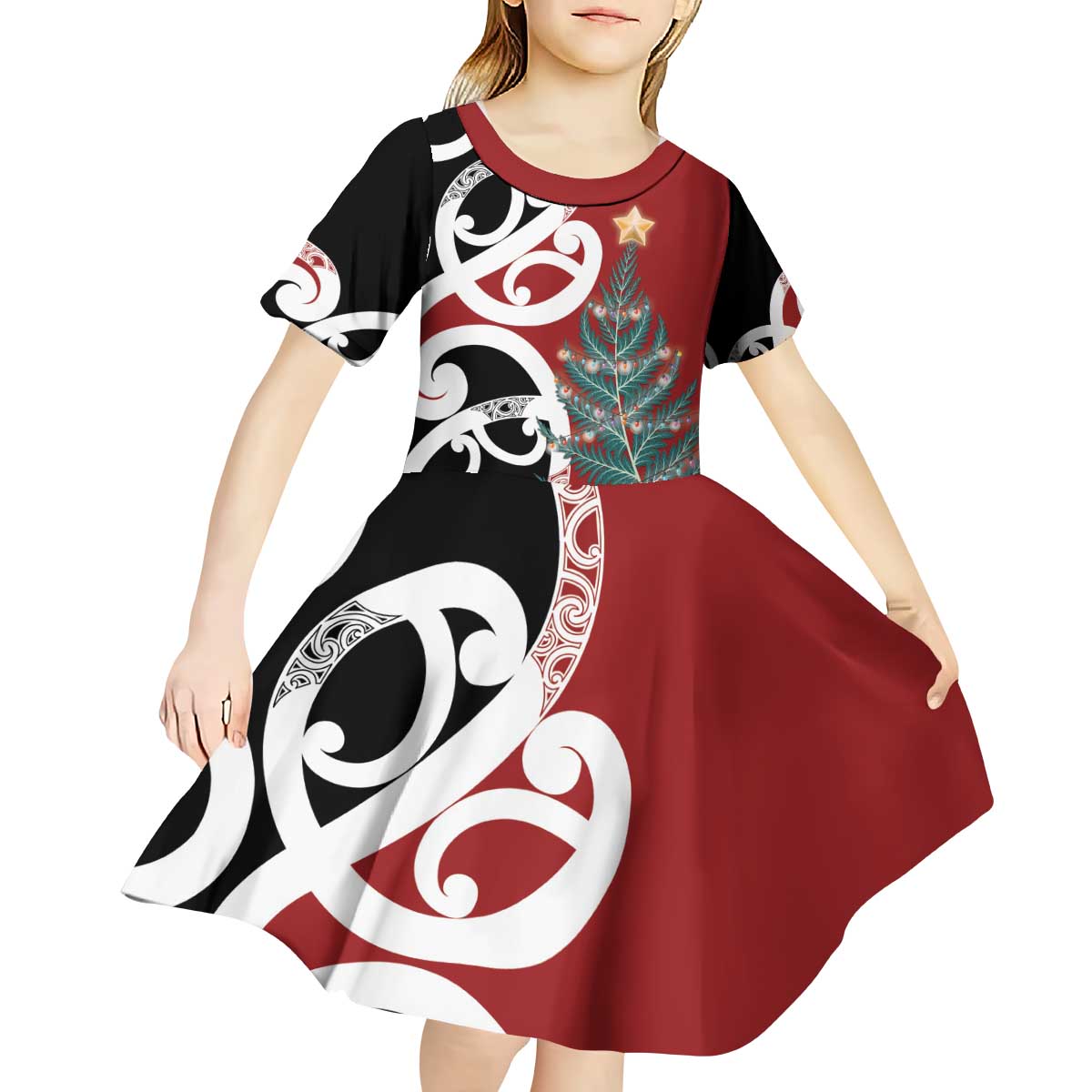 New Zealand Silver Fern Christmas Tree Kid Short Sleeve Dress Meri Kirihimete - Polynesian Pride