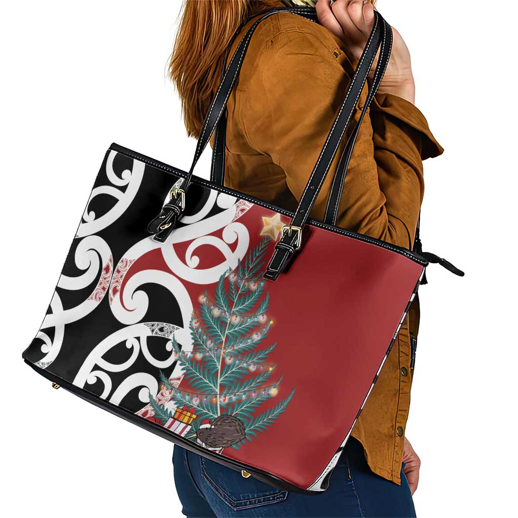 New Zealand Silver Fern Christmas Tree Leather Tote Bag Meri Kirihimete - Polynesian Pride
