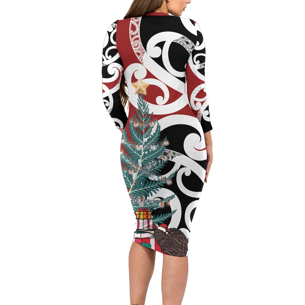 New Zealand Silver Fern Christmas Tree Long Sleeve Bodycon Dress Meri Kirihimete - Polynesian Pride