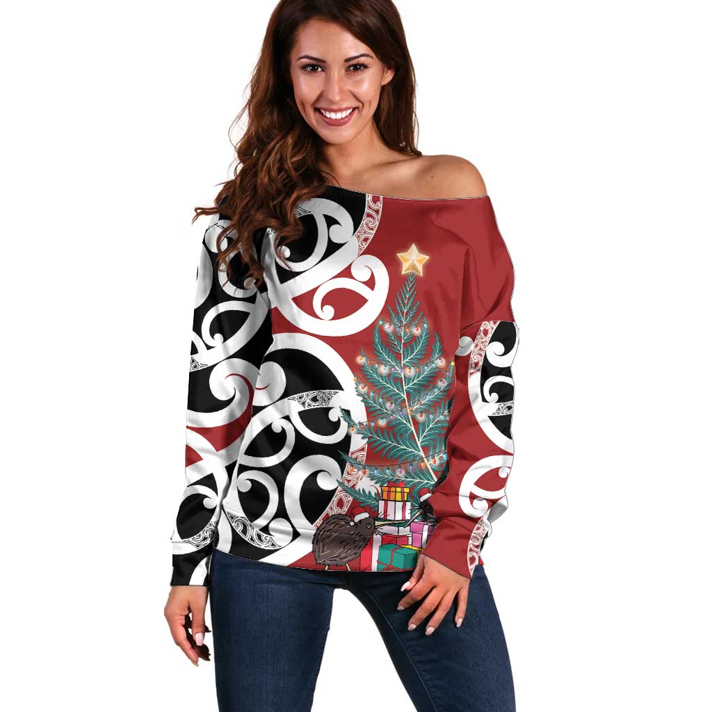 New Zealand Silver Fern Christmas Tree Off Shoulder Sweater Meri Kirihimete - Polynesian Pride