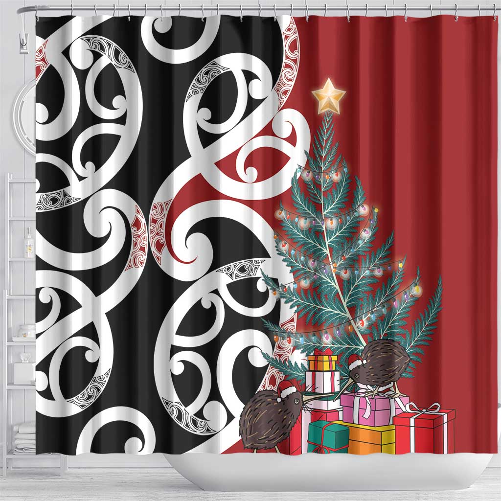 New Zealand Silver Fern Christmas Tree Shower Curtain Meri Kirihimete - Polynesian Pride