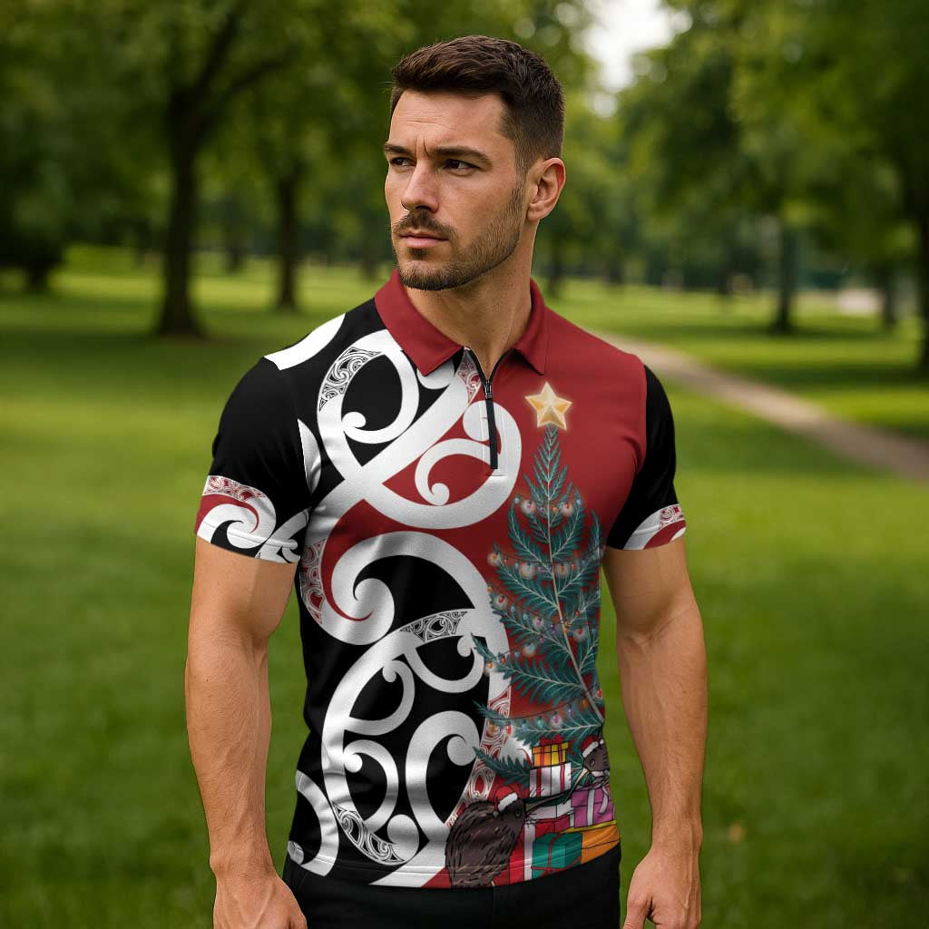 New Zealand Silver Fern Christmas Tree Zipper Polo Shirt Meri Kirihimete - Polynesian Pride
