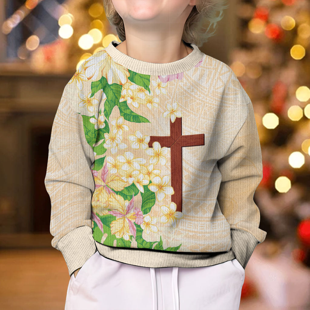 Samoa AIGA Floral Theme Kid Ugly Christmas Sweater Always In God's Arms LT7 - Polynesian Pride
