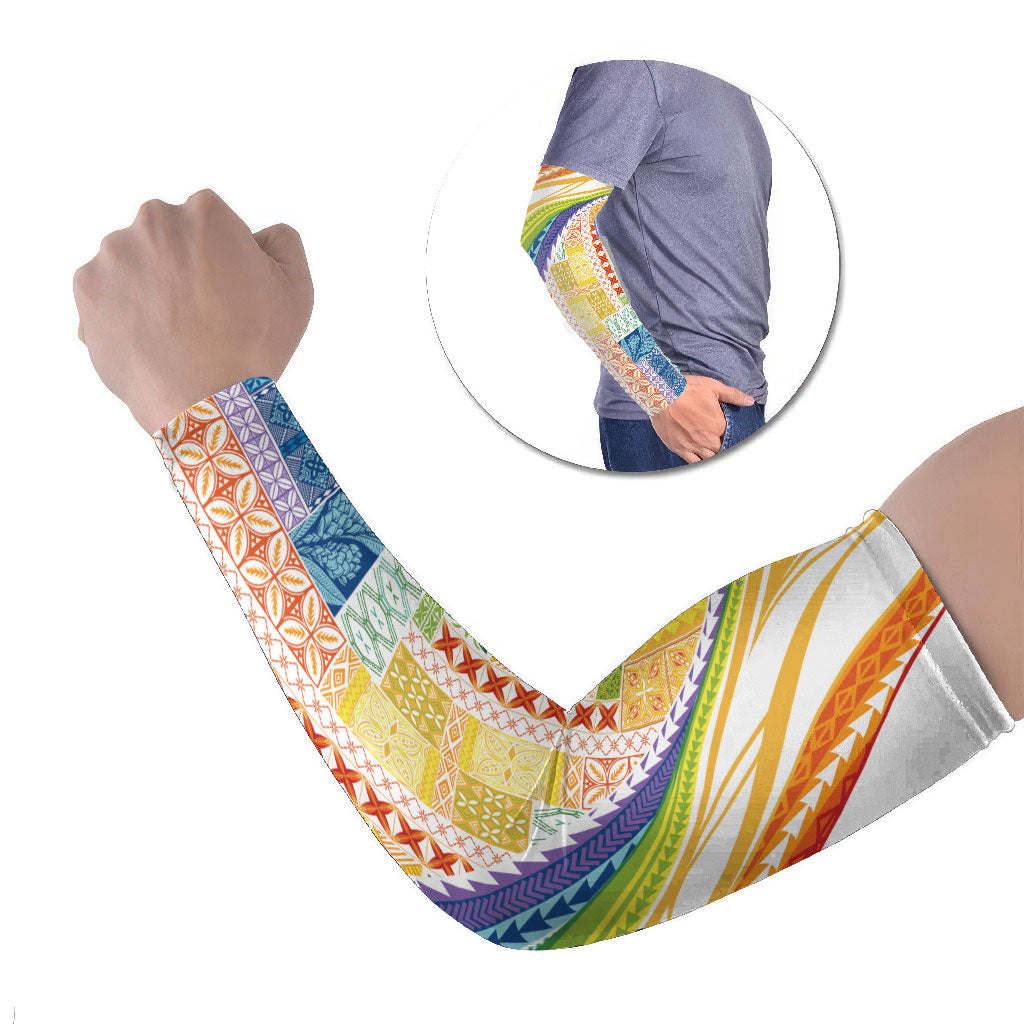 Pasifika Samoa Siapo Malu Tattoo Inspired Arm Sleeves Fa'afafine Rainbow Theme LT7 Set of 2 Multicolor - Polynesian Pride