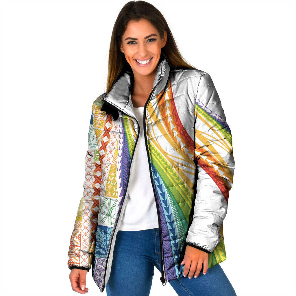Pasifika Samoa Siapo Malu Tattoo Inspired Padded Jacket Fa'afafine Rainbow Theme LT7 Women Multicolor - Polynesian Pride