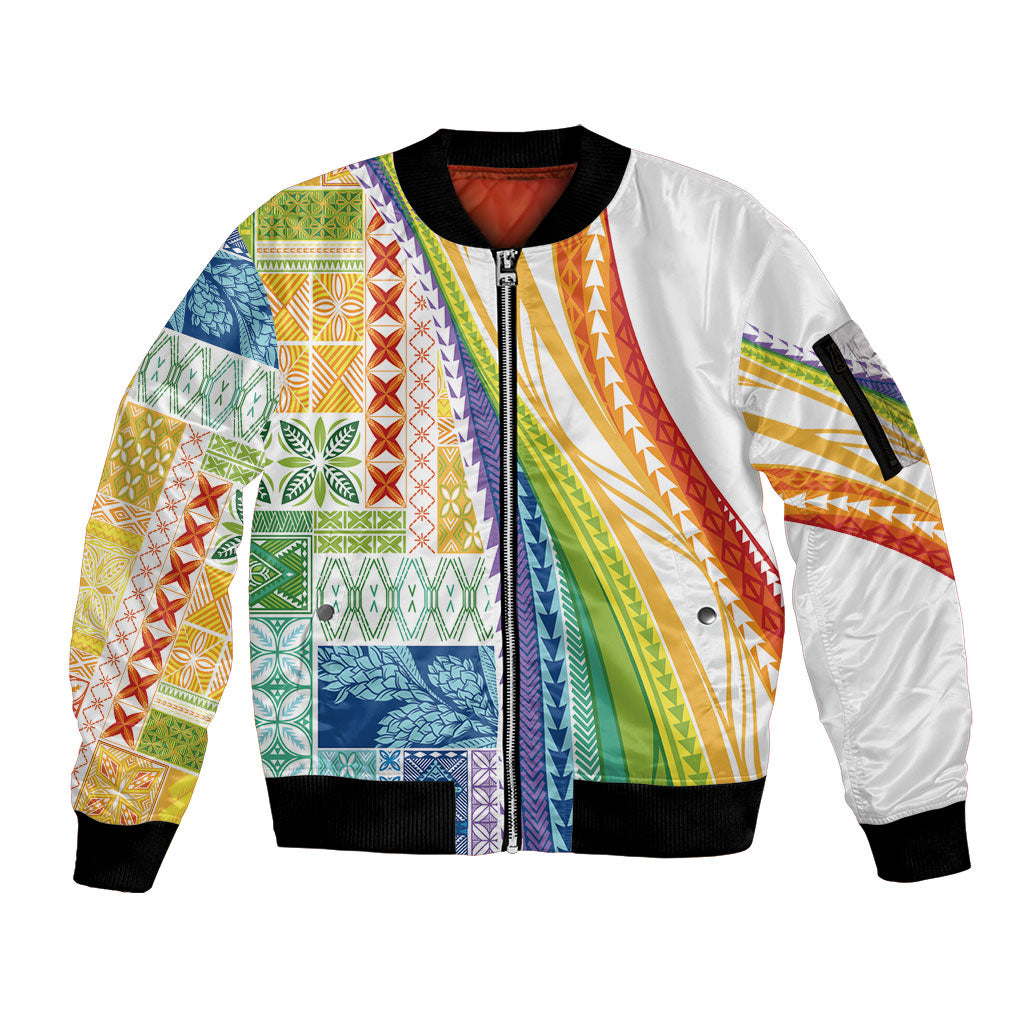 Pasifika Samoa Siapo Malu Tattoo Inspired Sleeve Zip Bomber Jacket Fa'afafine Rainbow Theme LT7 Unisex Multicolor - Polynesian Pride