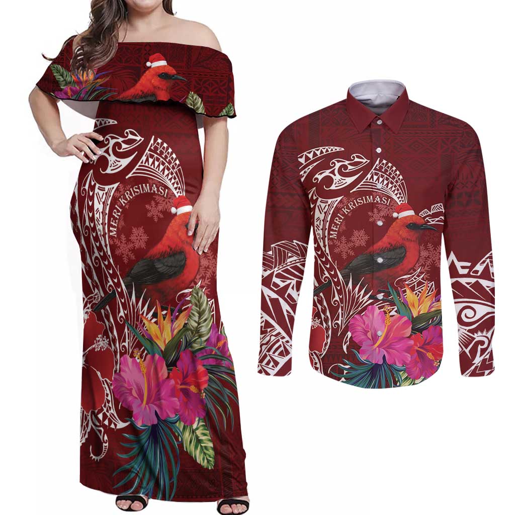 Personalized Samoa Meri Krisimasi Couples Matching Off Shoulder Maxi Dress and Long Sleeve Button Shirt Segasegamau'u Mix Siapo